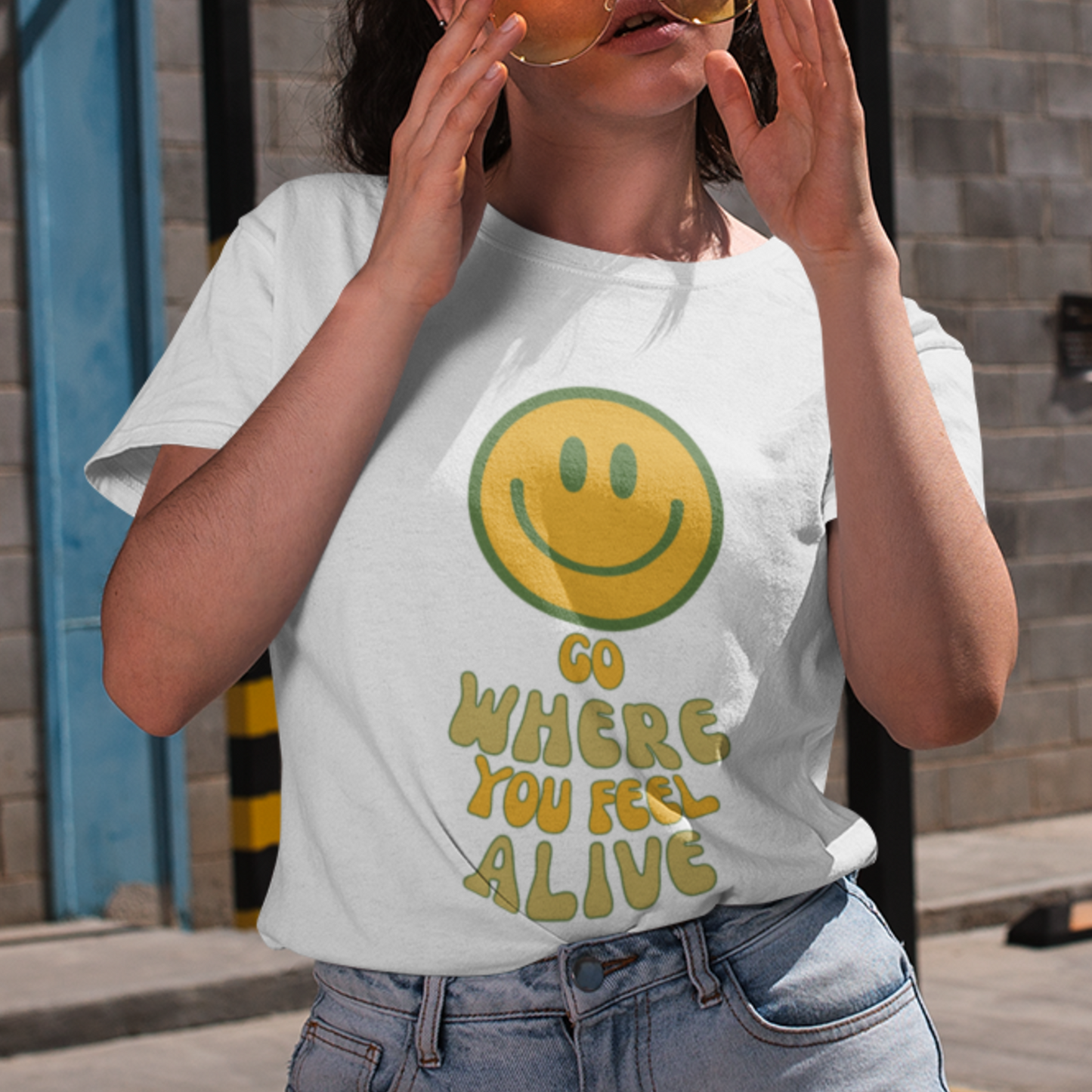 white t shirt woman smiley face